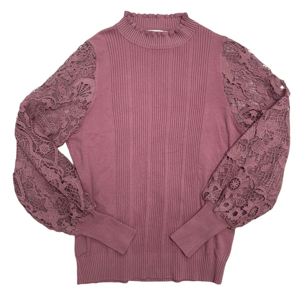 Sioni Milano Lace‑Sleeve Knit Sweater 🌸💗 Mauve Ribbed Pullover - Size L